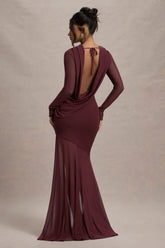 Port Mesh Long-Sleeve Open-Back Maxi Dress